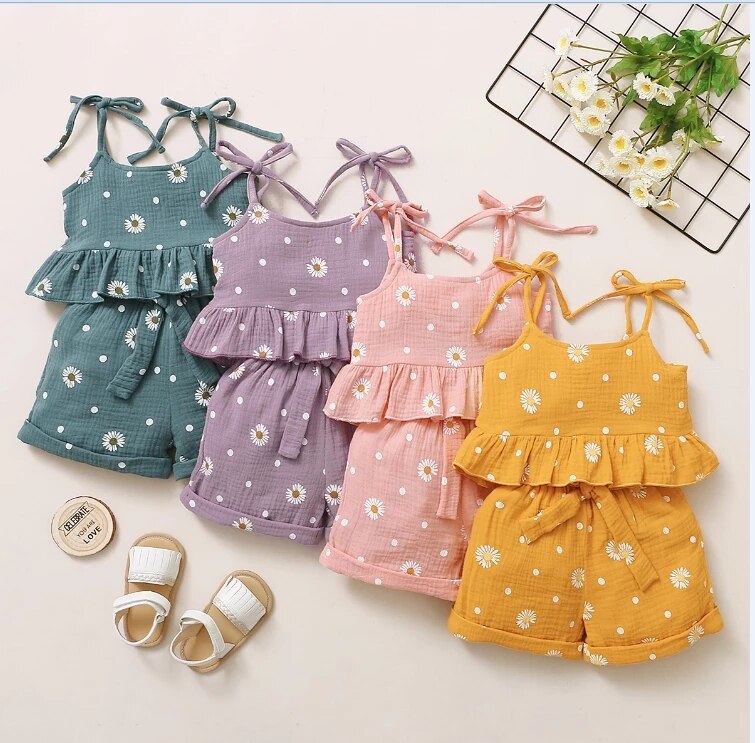 L'été 2-6Years Bambin Filles Tenues Sans Manches Noeud papillon Sangle Imprimé Marguerite Hauts + Ensemble Short Et Haut Vêtements