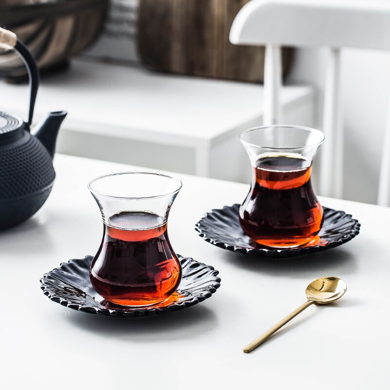 Turkije Zwarte Thee Kop &amp; Schotel Sets Espresso Koffie Lade Kit Hittebestendig Glas Tumbler Reizen Koffiekopje Marokkaanse thee Set