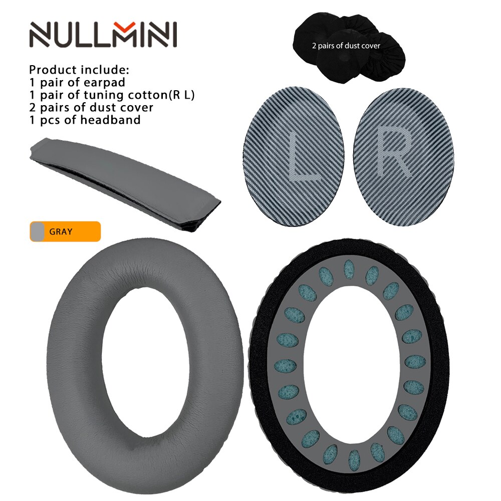 Nullmini vervangende leren oorkussens voor bose quietcomfort  qc35 qc35ii hoofdtelefoon hoofdband oorkap: Grijs en band