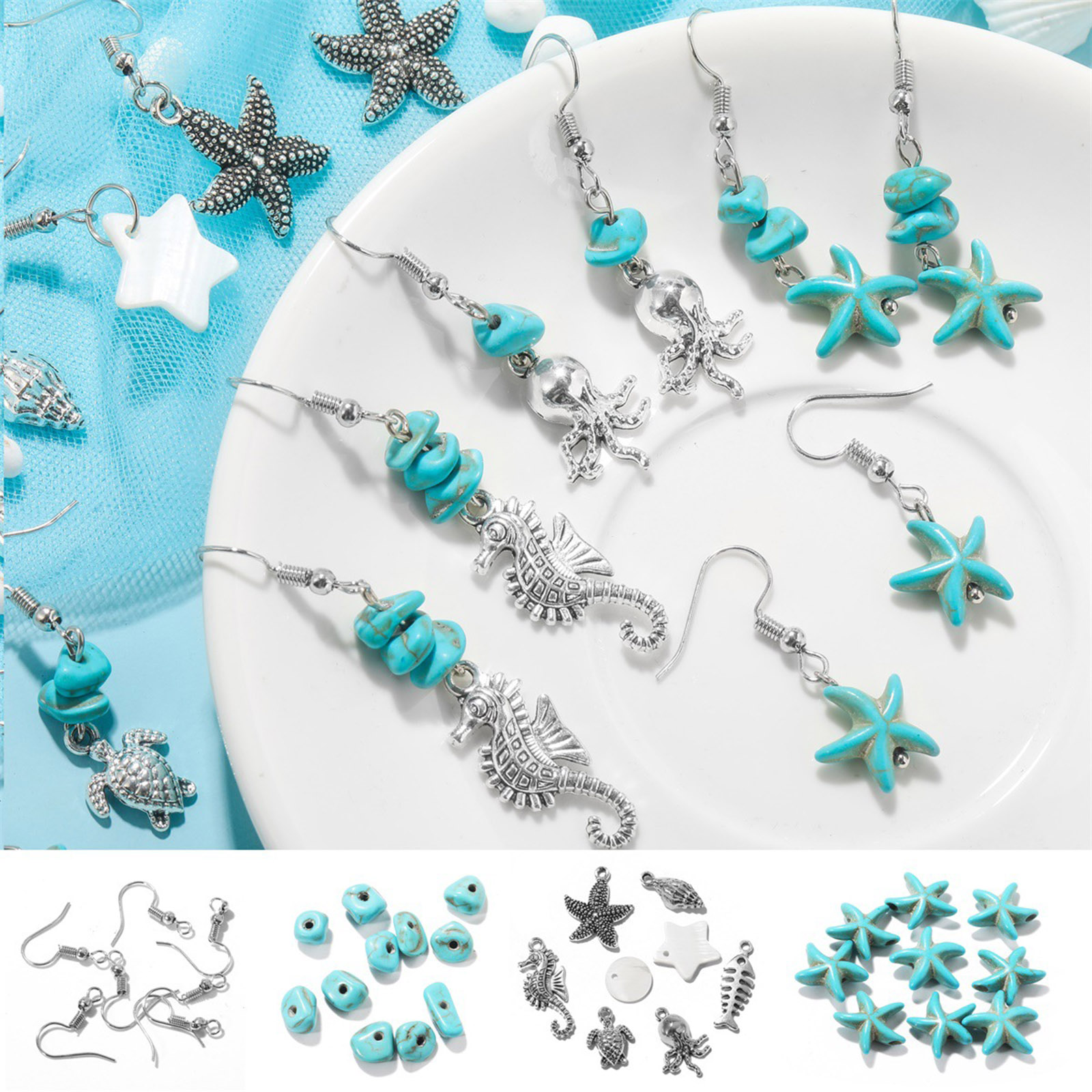 Bohhemian Handgemaakte Sieraden Kits Groen Blauw Marine Steen Kralen Animal Shell Zeester Hangers Sieraden Oorbellen Haken Diy Sieraden