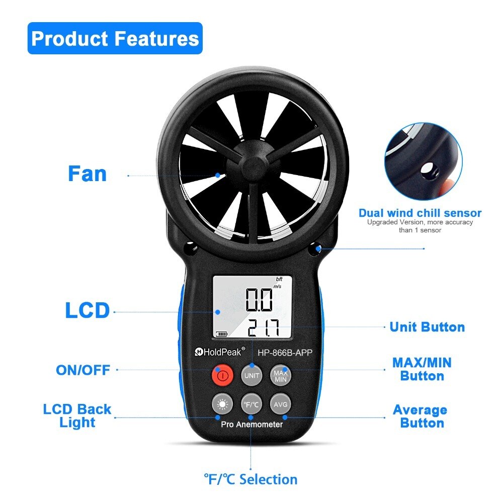 Anemometer Draagbare Anemometro Thermometer Wind Gauge Meter Windmeter 30 M/s Lcd Digitale Hand-Held Anemometer