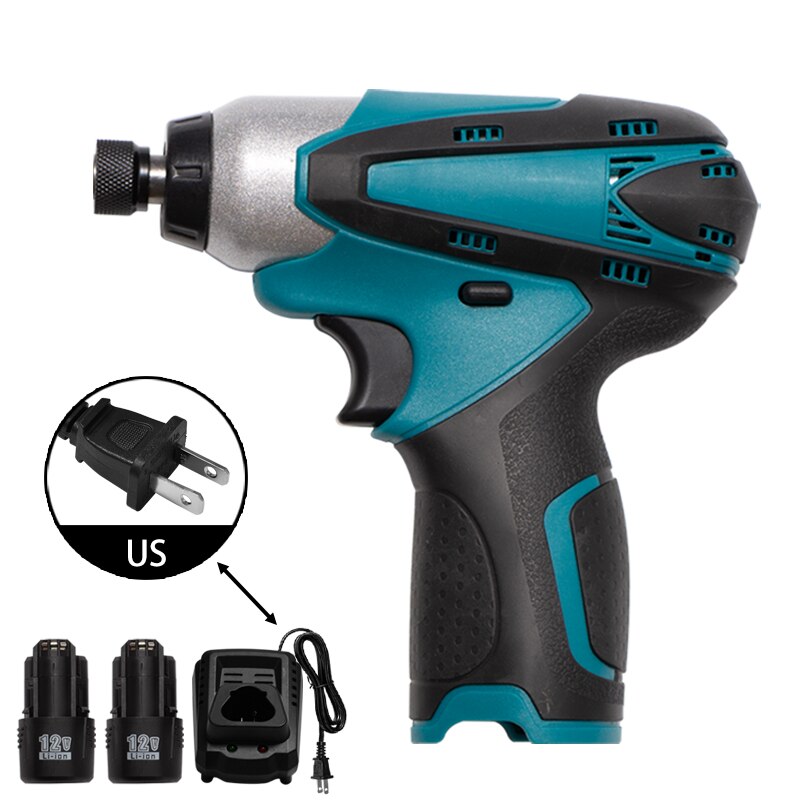 12V Impact Electric Screwdriver Rechargeable Household Handheld Cordless Electric Drill With 2000mAh Battery+Screwdriver Set: US 1Charger 2Battery