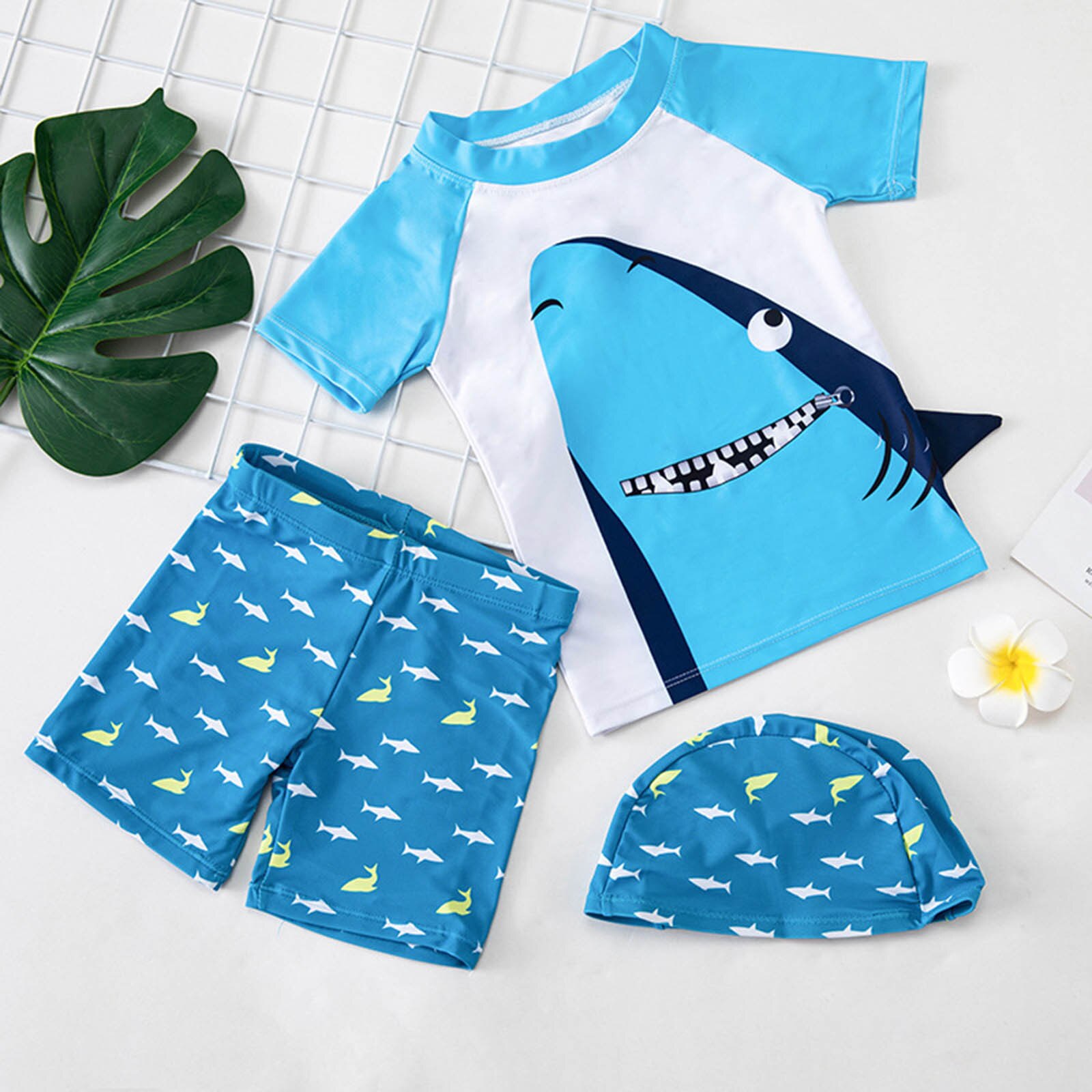 Zomer Mooie Peuter Kinderen Jongens Cartoon Shar K + Shorts + Hoed Badmode Badpak Rash Guards Sets: BUXL