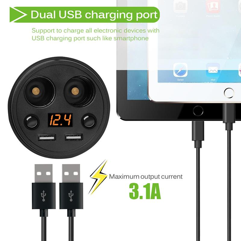 Onever 3.1A Dual USB Car Charger Adapter with 2 Cigarette Lighter Socket Volmeter Display Car Cup Holder Type Support DC 12-24V