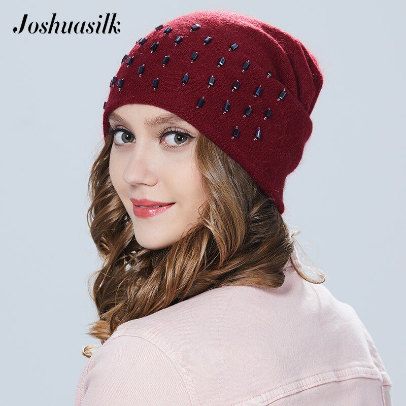 Joshuasilk damehue efterår vinter angora strikket varm hue smykker: C16