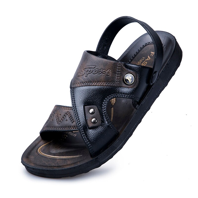 Men shoes Slipper Men Rome Flip Flop Leather Beach Button Casual Comfortable T-Strap Open Men Slipper Leather Outdoor Print 44: Black / 8.5