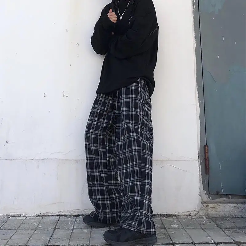 Calças xadrez soltas para as mulheres, casual e chique, oversize, perna larga, harajuku, cintura alta, estilo hip hop, verão, s-3xl