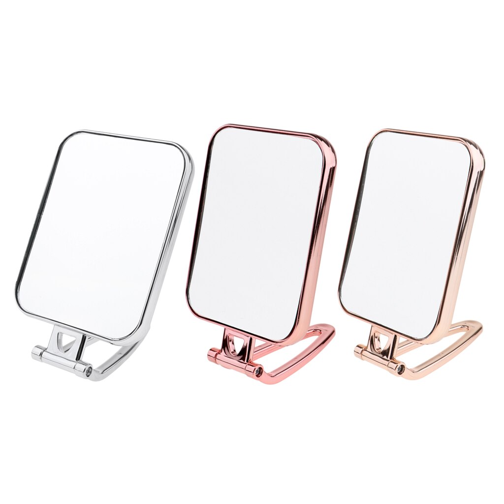 Vanity Makeup Mirror,Non-Magnifying,Round ,Free-standing,Folding Handle,Rectangle,Silver-plated Plastic Frame