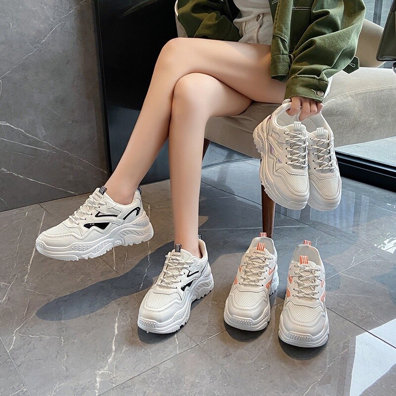 Fujin chunky sko walking til kvinder sneakers sko platform hvid snørebånd åndbare komfortable sko sveder ikke
