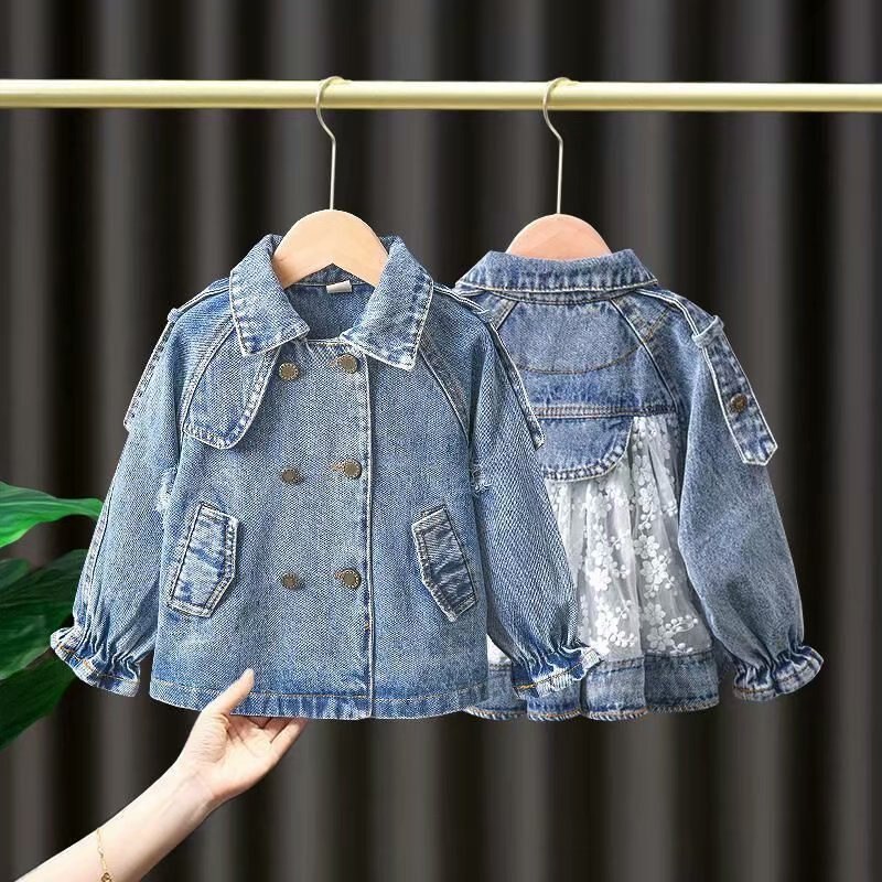 Kinderen Denim Jassen Geul Jean Double Breasted Jassen Meisjes Kinderkleding Lente Herfst Kant Jas Toevallige Bovenkleding: 3T 100cm
