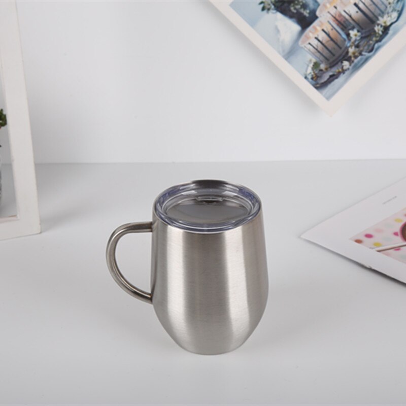 12oz bpa gratis dobbel vegg rustfritt stål melk drikke øl термокружка kopp egg form kaffe krus som lokk med håndtak: Sølv