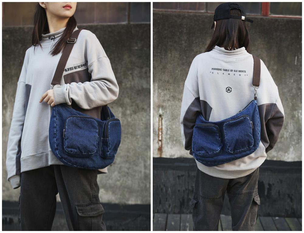 Vintage Denim Fabric Big Capacity Handbag Women Teen Korean Retro Chic Jean Pockets Washed Blue Slouch Messenger Bag