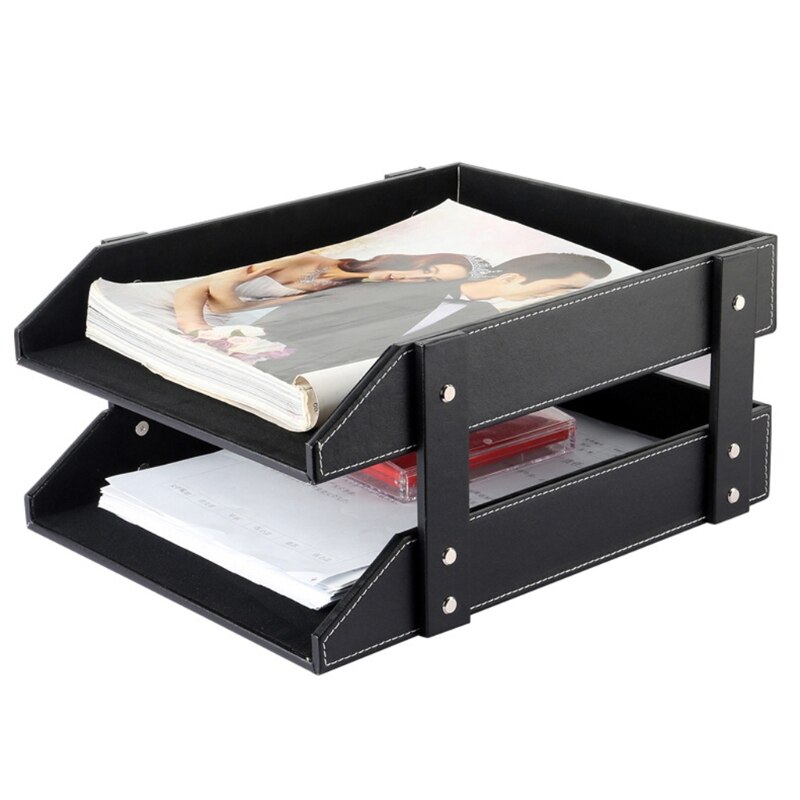 A4 Document File Organizer Tray Double Layers Desk PU Leather Paper Holder Magazine Rack Storage Holder for Home School Office S