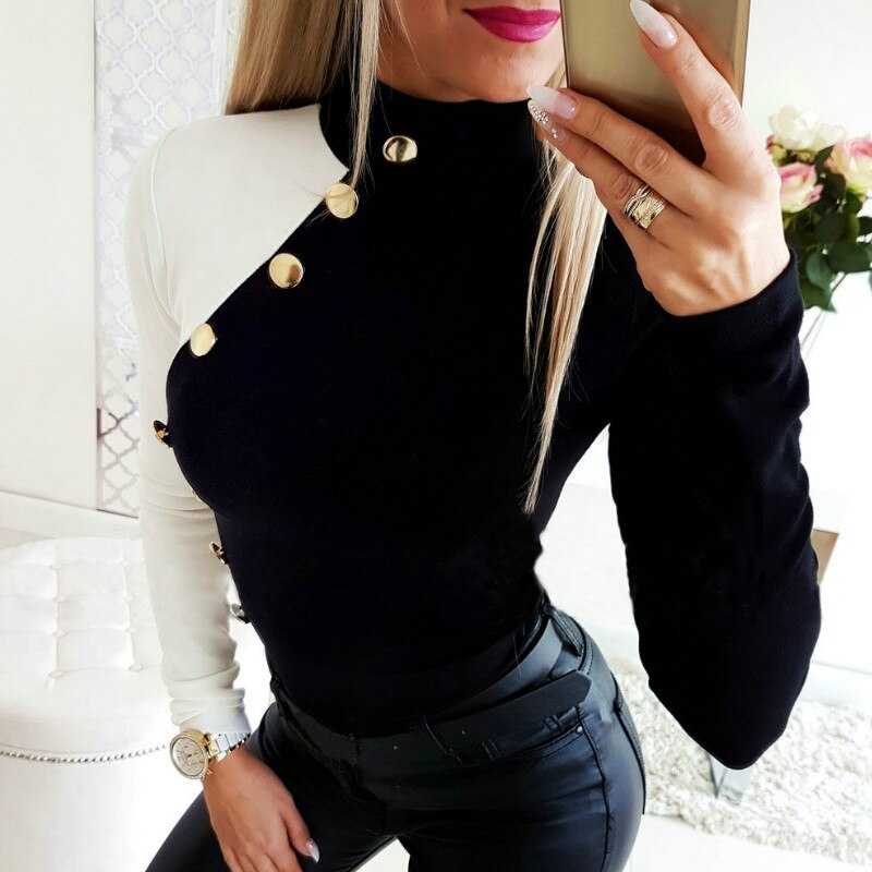 Mujeres Streetwear otoño manga larga Camiseta Casual Delgado abotonado superior camiseta: L