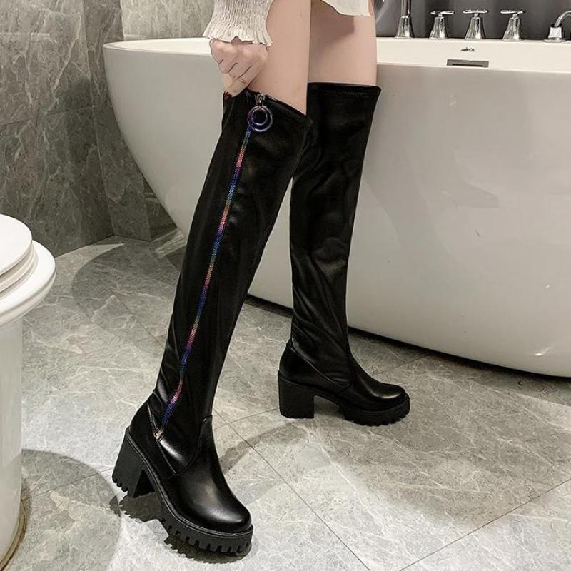 Boots Women Patent Leather Women Zip Over The Knee High Heels Boots Women Winter Party Shoes Woman Square Heel