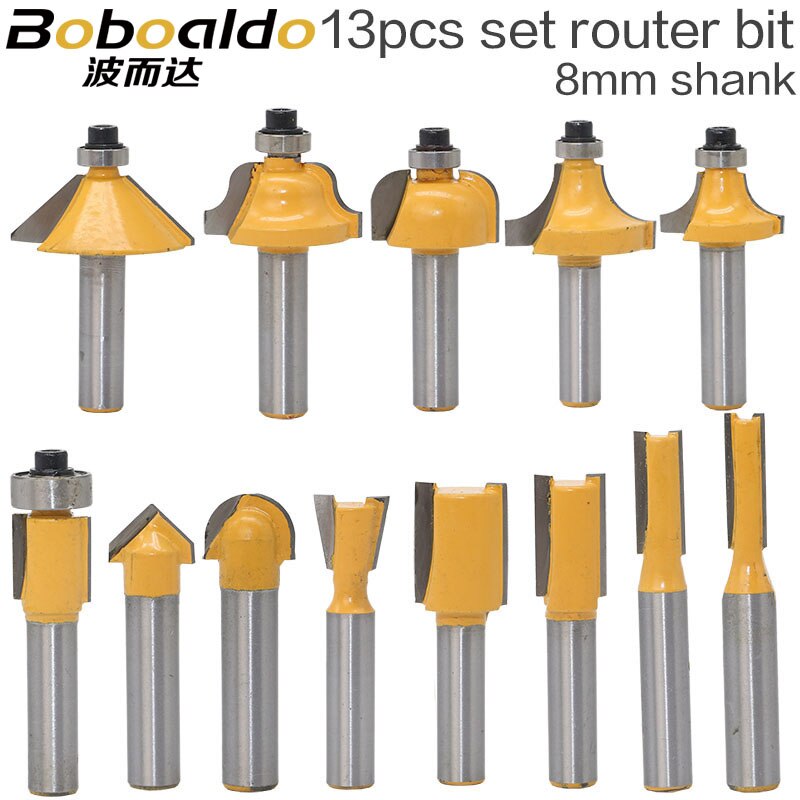 13 pçs 8mm haste de madeira roteador bit fresa fresa reta limpeza nivelada guarnição canto redondo caixa cove bits ferramentas fresa rc