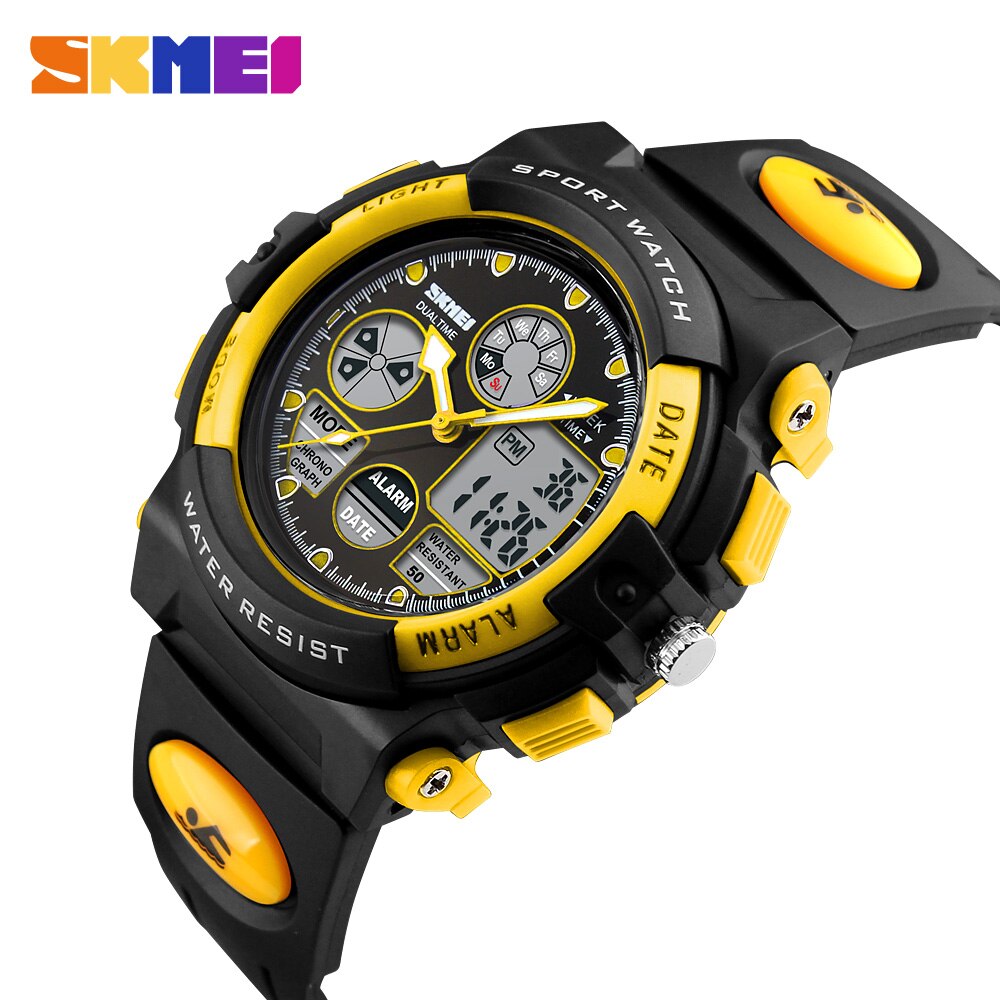 Skmei Dual Display Kinderen Horloge Led Digitale Horloge Pu Sport Shockproof 50M Waterdicht Alarm Sport Jongens Meisjes Kids klokken: Yellow