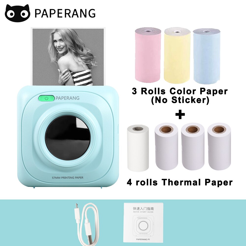 PAPERANG P1 Pocket Printer BT Wireless Thermal Printer Portable Printer 200dpi for Photo Picture Receipt Memo Note Label Sticker: GR-7Rolls No Sticker