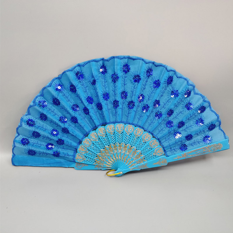 Art Folding Tail Feather Plastic Bone Sequins Carved Hand Fan Summer Accessory Crafts Print Home Decor Embroidery: lake blue