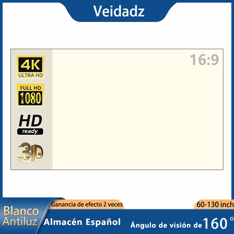 VEIDADZ Pantalla de proyector 60 72 84 100 120 130 pulgadas Rejilla blanca Antiluz 160 ° Ángulo de visión Pantalla reflectante Película interior al aire libre