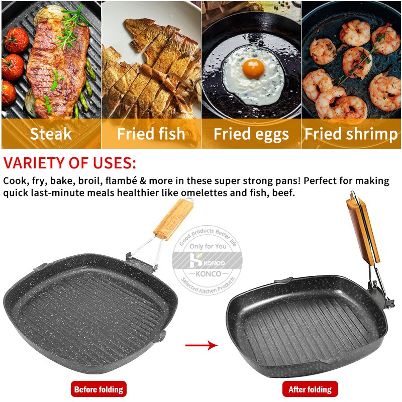 Konco biff stekepanne 20/24/28cm jern ikke-pinne sammenleggbar biff gryte phickened stripet firkantet grillplate kjøkkenverktøy