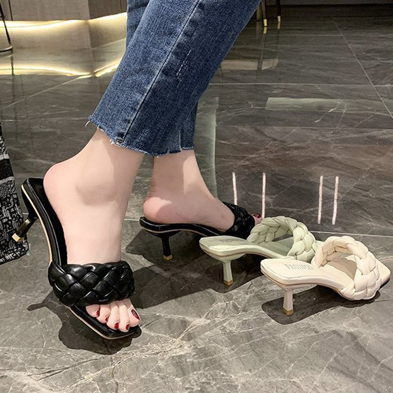 Dames Dunne Hakken Slippers Dames Zomer Slippers Pu Leer Vrouwelijke Waterdichte Mid Hakken Schoenen Vrouw Vierkante Teen Schoen