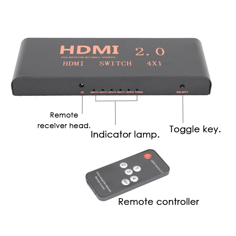 4 in 1 Out 2.0 Switcher 4K60HZ HD Switcher Support Blu-Ray Input/3D Output/HDCP2.2/HDR Dynamic