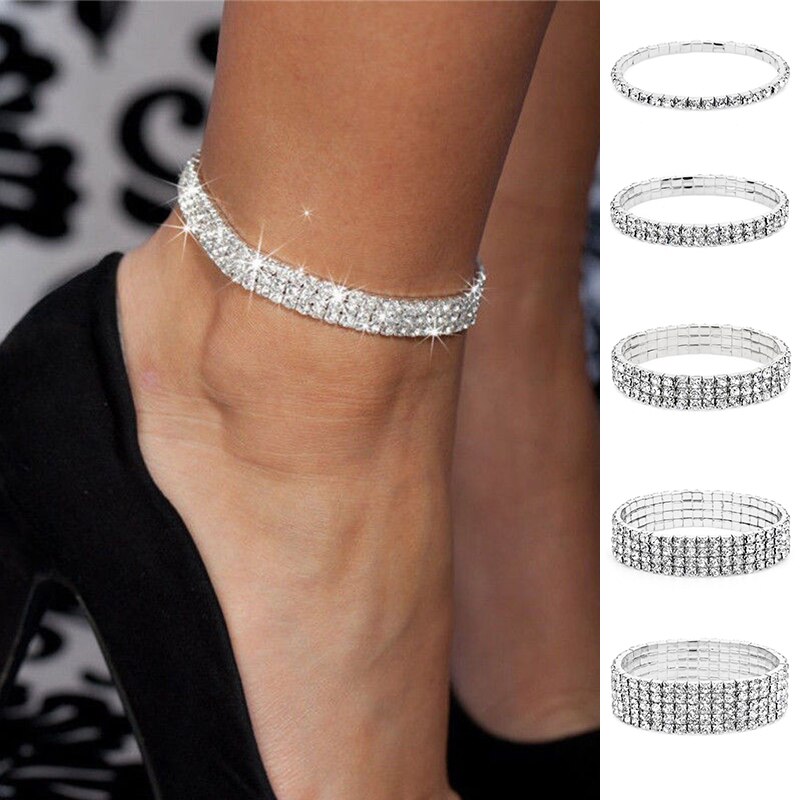 Pulsera tobillera con diamantes de imitación para mujer, 2, 3, 4 y 5 filas, cadena elástica, 1 unidad