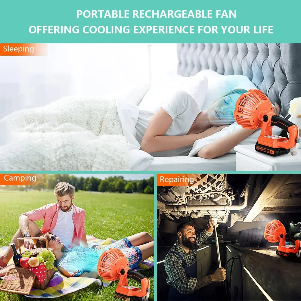 Tragbarer Campingventilator für Schwarz Decker, 20 V Akku, tragbarer Zeltventilator, 3 Geschwindigkeiten, 3 Modi, verstellbare LED-Leuchten mit Fernbedienung