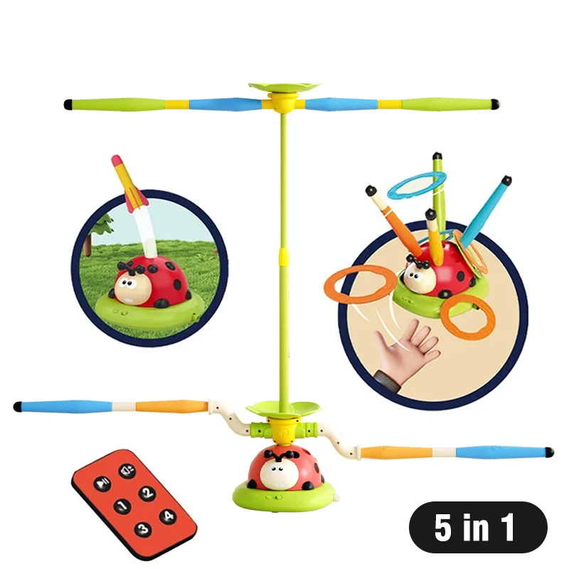Musikalisches Springen-Sportspielzeug, 5-in-1, 3-in-1-Wurfring-Spiel, Spielzeug und Raketenwerfer für freundlicher, Marienkäfer, Multifunktions-Außenmaschine: Grün