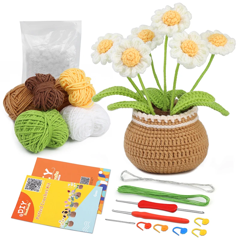 Kit de flores de ganchillo para principiantes con instrucciones, hilo de tejer, agujas de gancho, juego de accesorios de punto fácil, artesanía DIY: Azul marino