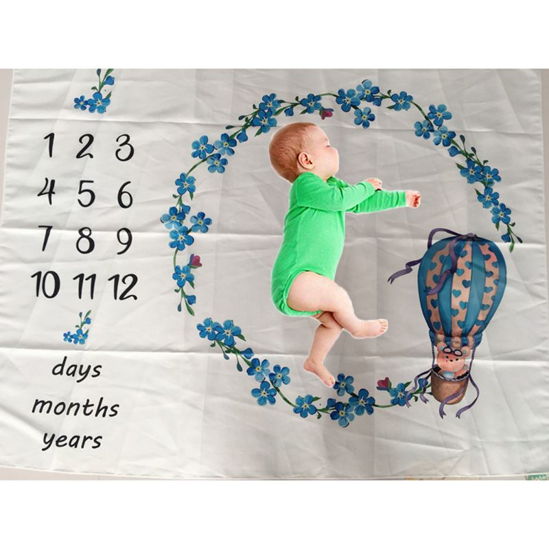 Pasgeboren Baby Milestone Nummer Bloem Ballon Beer Patroon Mat Deken Fotografie Achtergrond Achtergrond Doek