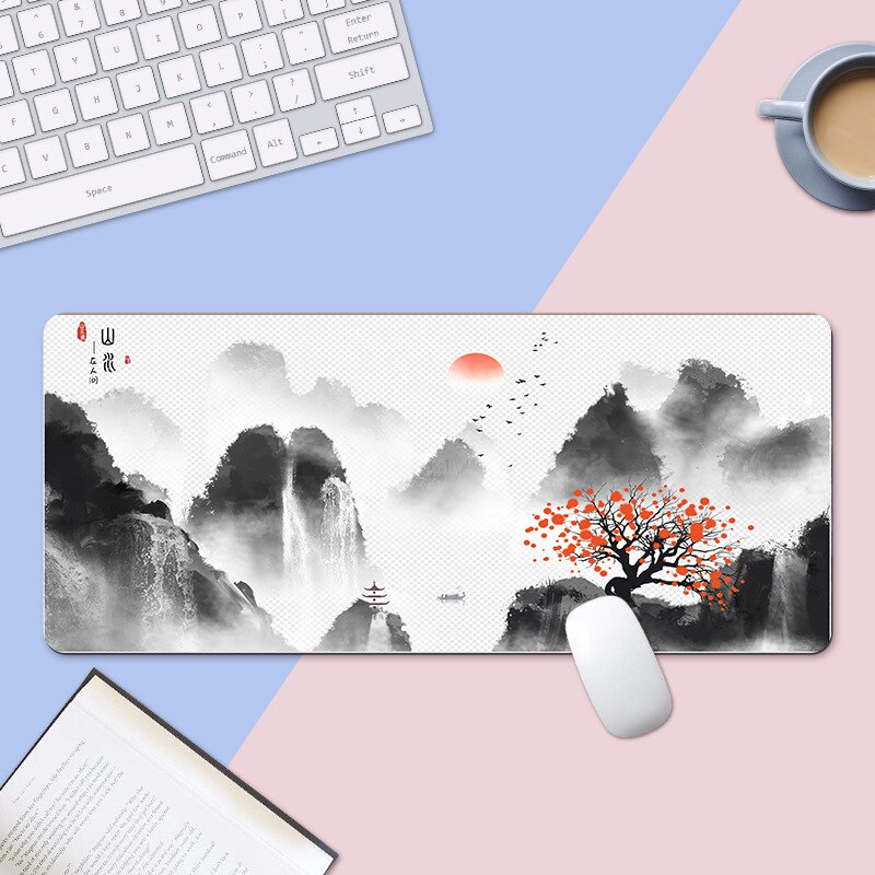Ink painting mouse pad black and white gray three-color office computer non-slip mouse pad extra long table mat: Ink painting1