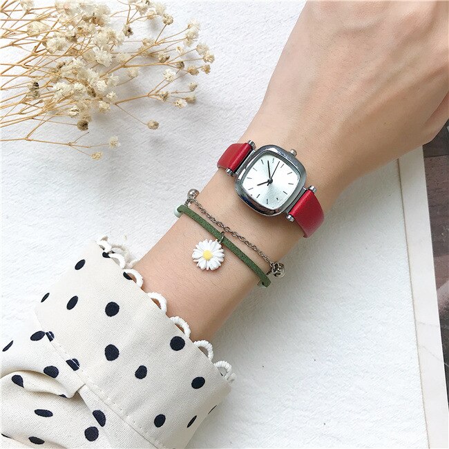 Relojes cuadrados Retro para mujer, reloj de cuarzo a la , relojes de pulsera de cuero Vintage, reloj pequeño Simple para mujer: Rojo