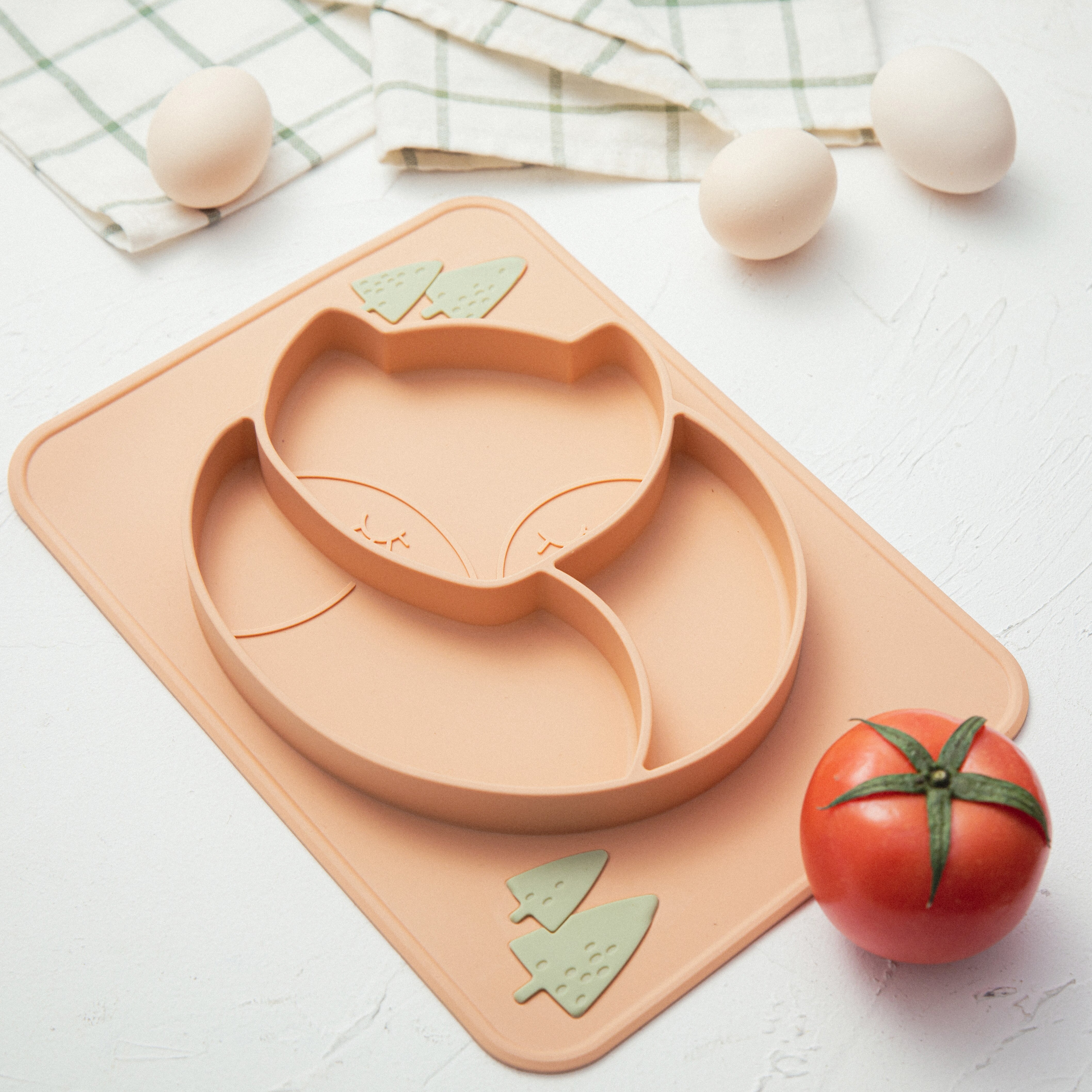 Assiette à manger en Silicone pour bébé, alimentaire, mignon renard, ventouse, vaisselle, bol d&#39;alimentation supplémentaire pour enfants, plats souples, 100%
