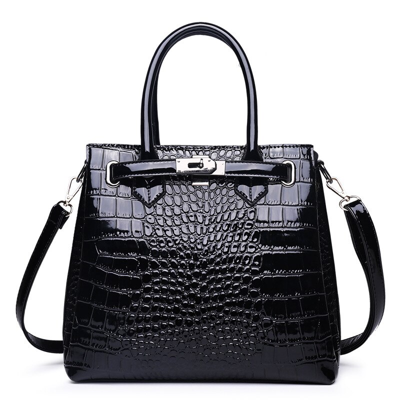 Bolso de mano con estampado de cocodrilo para mujer, bandolera con hebilla, de gran capacidad, a la ,: Negro