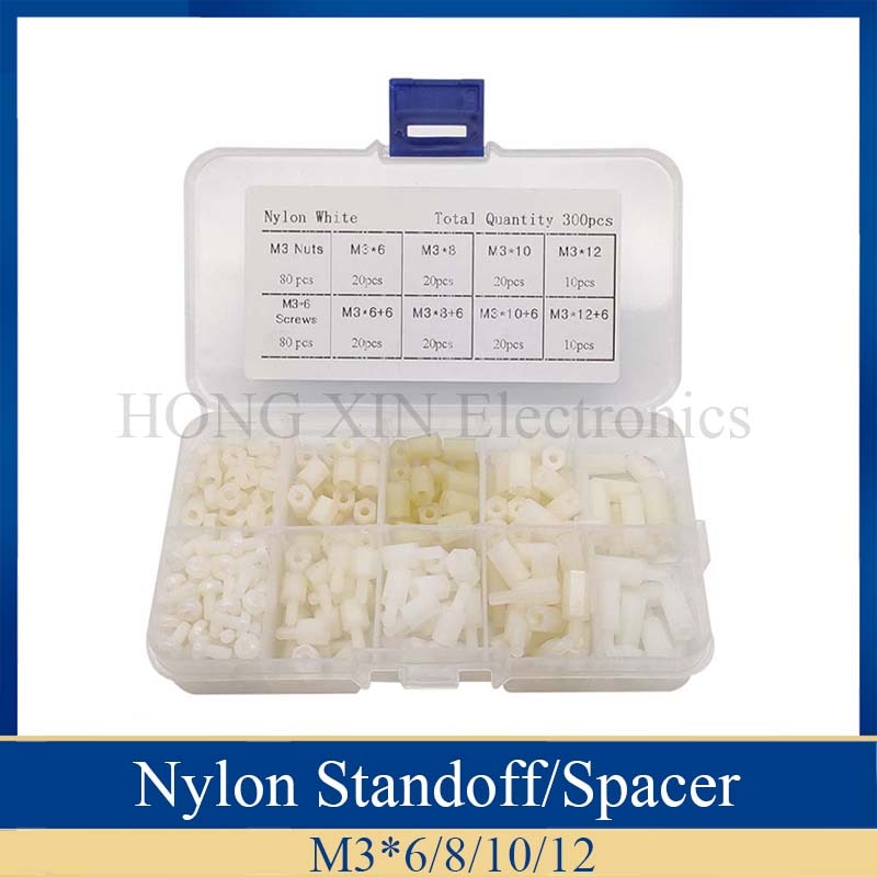 300pcs M3 Nylon White Hex Screw Nut Spacer Stand-off Varied Length Assortment Kit Box