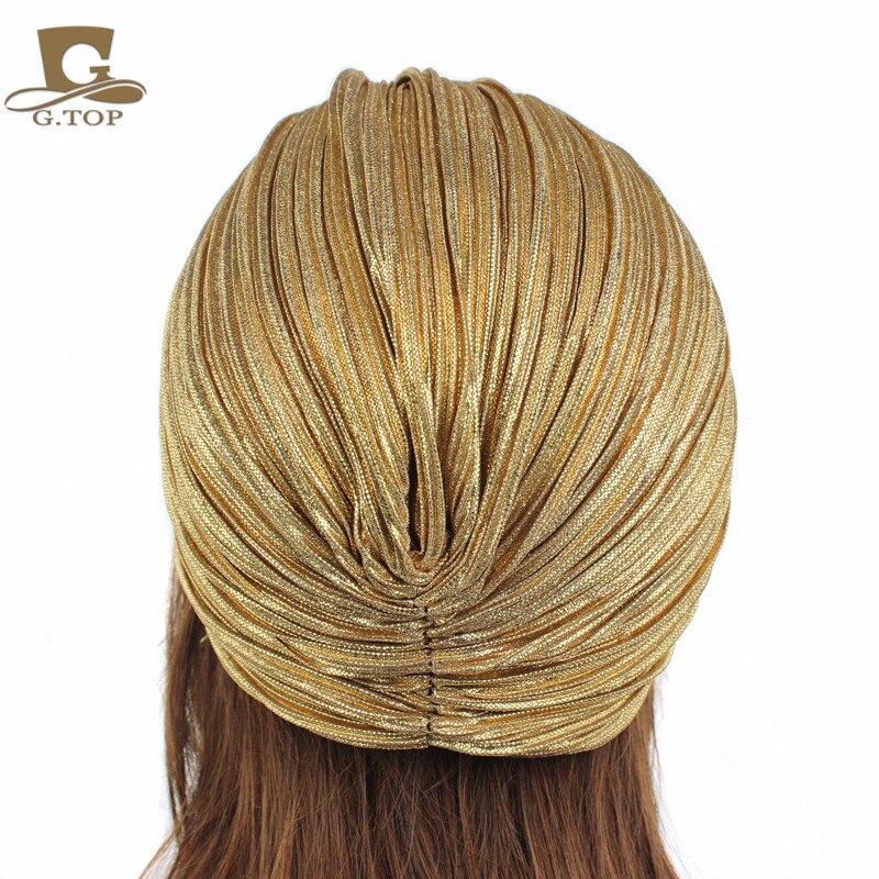 Damer guld sølv diamant juvel turban hatte til kvinder chemo bandana hijab plisseret indian cap turbante hat