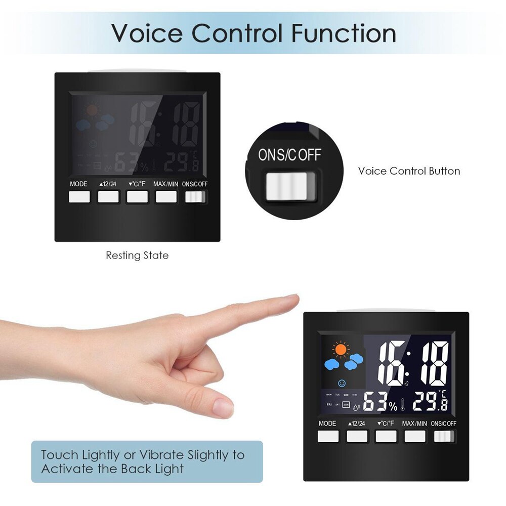 LCD Digital Temperature Humidity Meter Backlight Home Indoor Electronic Hygrometer Weather Station Clock Alarm Clock Timer