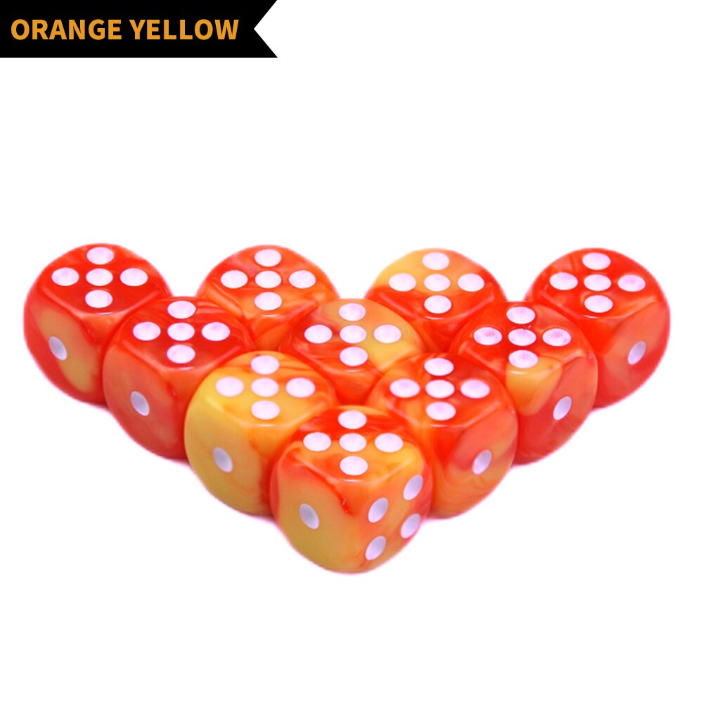 10pcs 16mm dadi angolari rotondi acrilici D6 puntini modellati dadi da gioco bicolore per giocattoli di intrattenimento per feste da Club: Orange Yellow