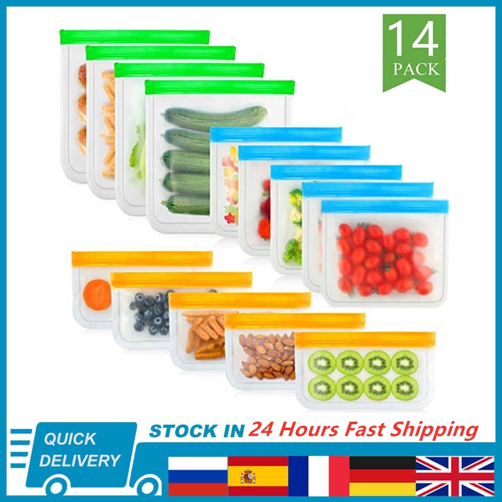 Juego de Bolsas de Silicona para Alimentos, Conjunto de Empaques con Sello, Ideal para Almacenamiento y Conservación Fresca de Frutas y Verduras, Reutilizable, A Prueba de Fugas, Estilo Bolsa Ziploc, 14 Piezas