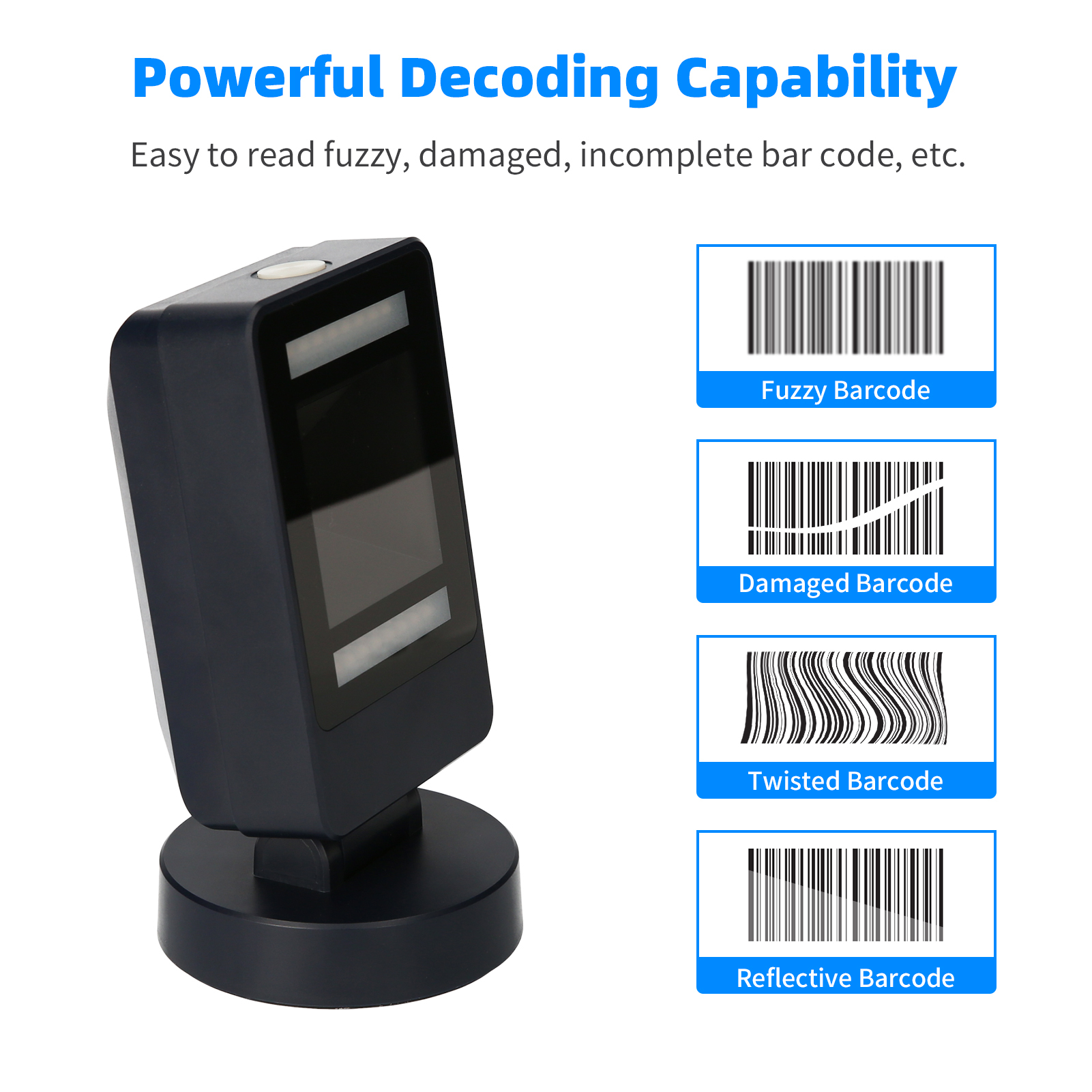 Desktop 1D 2D QR Omnidrectional Barcode Scanner Platform USB Wired Hands-free Automatic Bar Code Reader Adjustable Scanning Head