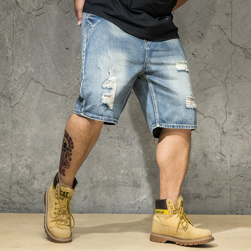 Slitna jeansshorts herr plus size 4xl 5xl 6xl håls jeans destressed shorts herr stor stor storlek bermuda byxor rak passform herr
