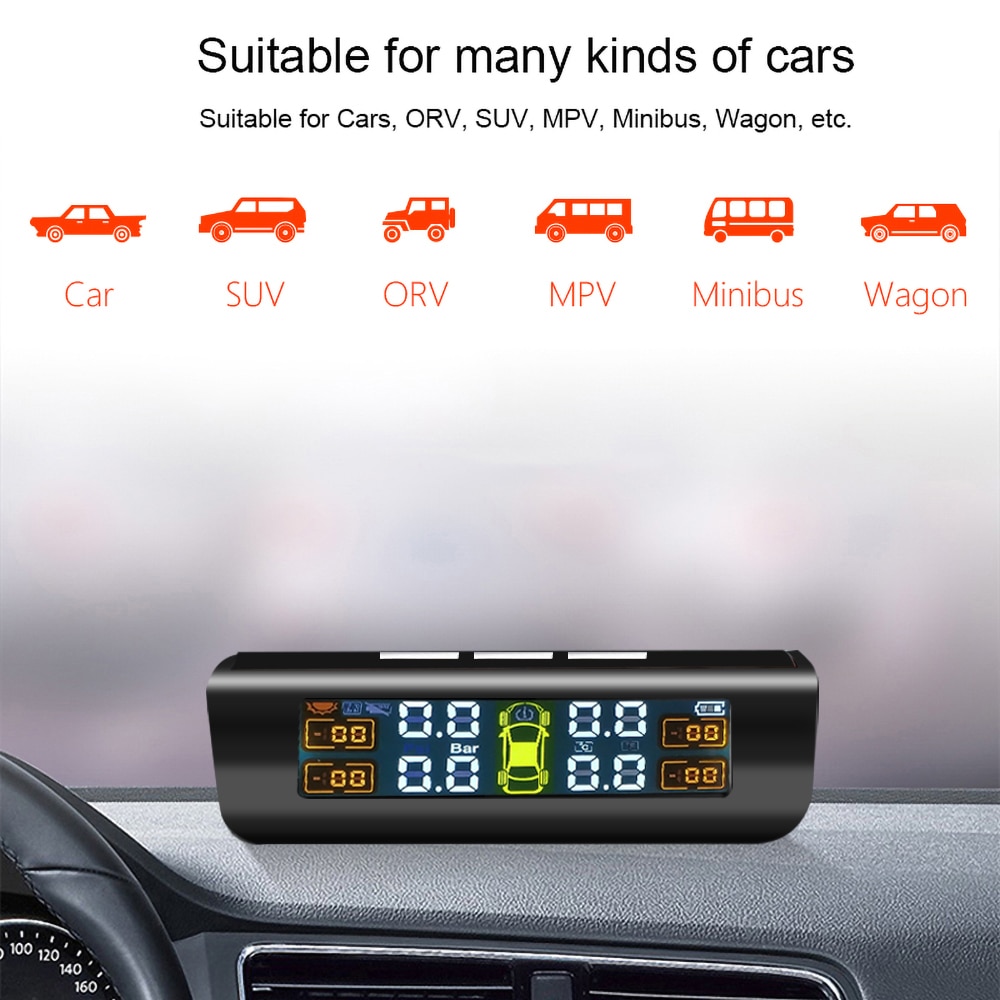 LCD Display Car TPMS Tire Pressure Alarm Solar Power USB Tire Pressure Monitor System Auto Bar Psi Real Time Monitoring