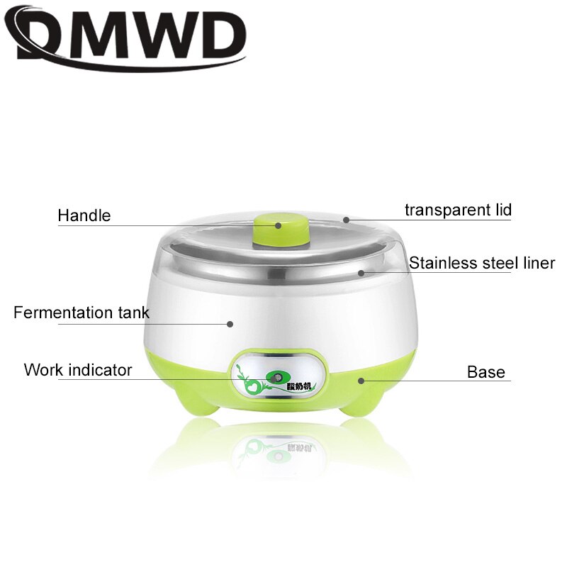 DMWD Mini Electric Yogurt Maker Automatic Yoghourt Machine Leben Natto Rice Wine Fermenter 1L Stainless Steel Liner Container EU
