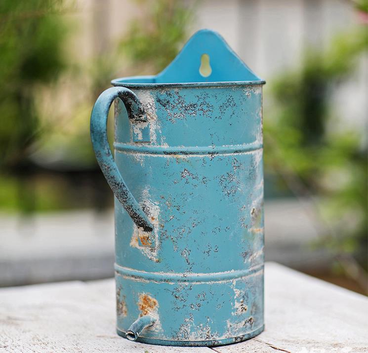 special retro rustic blue metal wall hanging planter pot