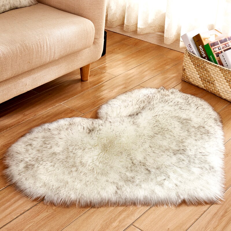Alfombra peluda de piel de oveja Artificial, felpudo peludo de lana sintética, esponjoso, corazón de amor, alfombra sin pelusa para sala de estar, 30x30/40x50cm: 70X90cm / Greytiponwhite