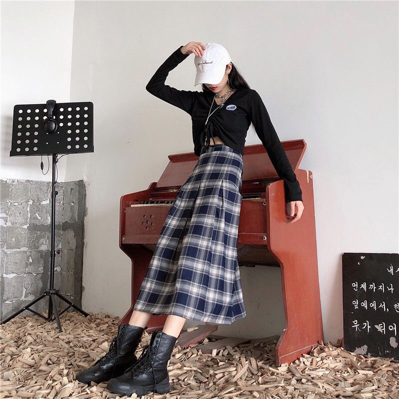 Vår sommar gotiska långa rutiga kjolar vintage dam midi plisserad kjol korean harajuku punk tjejer a-line kjol kläder saia: M