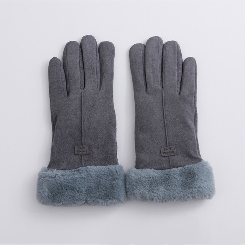 Female Winter Lace Warm Cashmere Cute Mittens Suede Leather Double Thicken Plush Full Finger Wrist Touch Screen Driving Gloves: gray