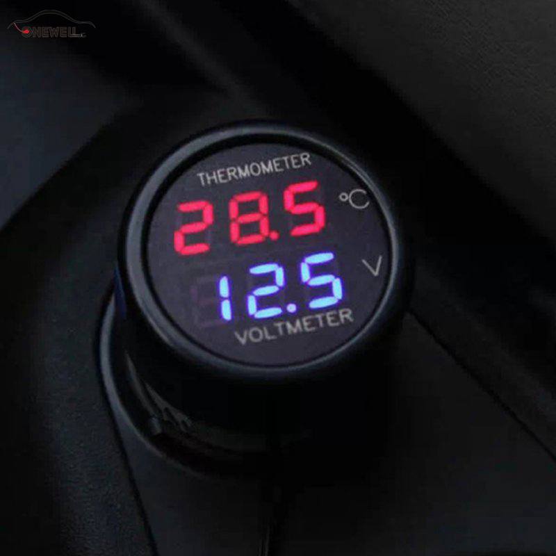 12V 24V 2 In 1 DC Digital Car Voltmeter Thermometer Temperature Meter Battery Monitor Red Blue Led Dual Display